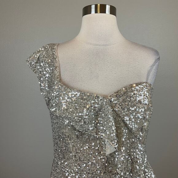 Aidan Mattox Sequined One Shoulder Ruffled Sheath Cocktail Dress Silver Size 12 - Picture 7 of 14